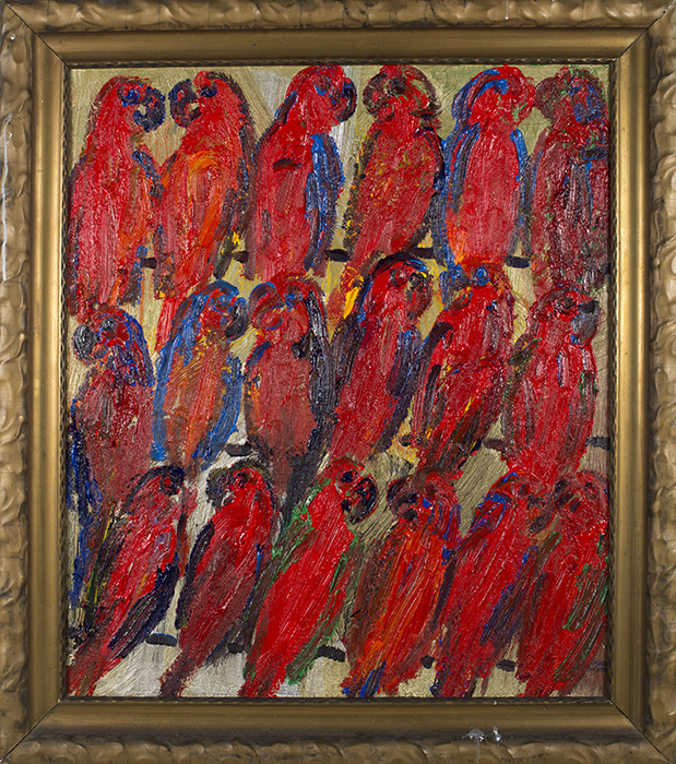 Slonem, Untitled (red lories on gold)