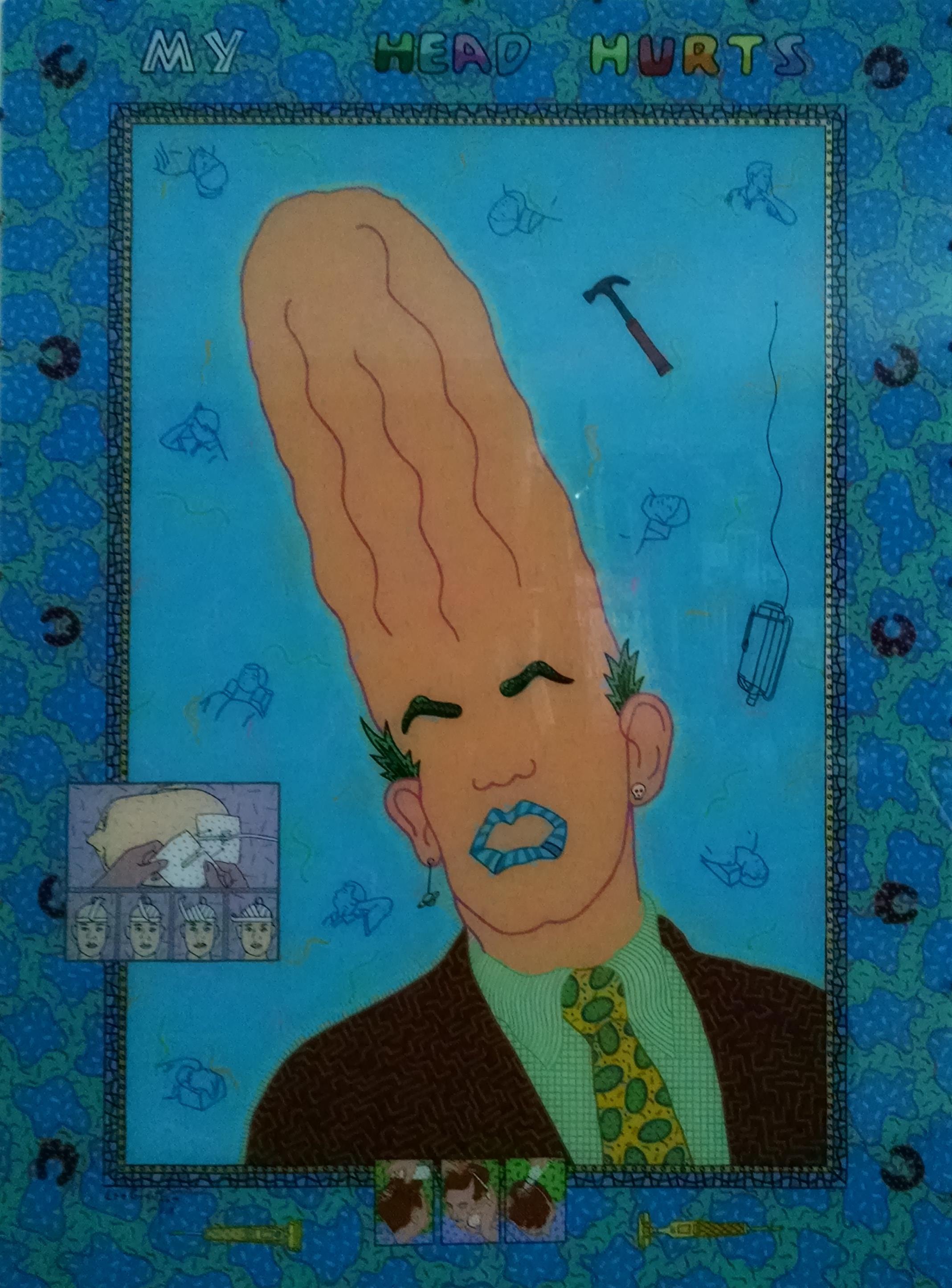 My Head Hurts, 2020, acrylic and glitter on plexiglass and wood, 49 x 37 in