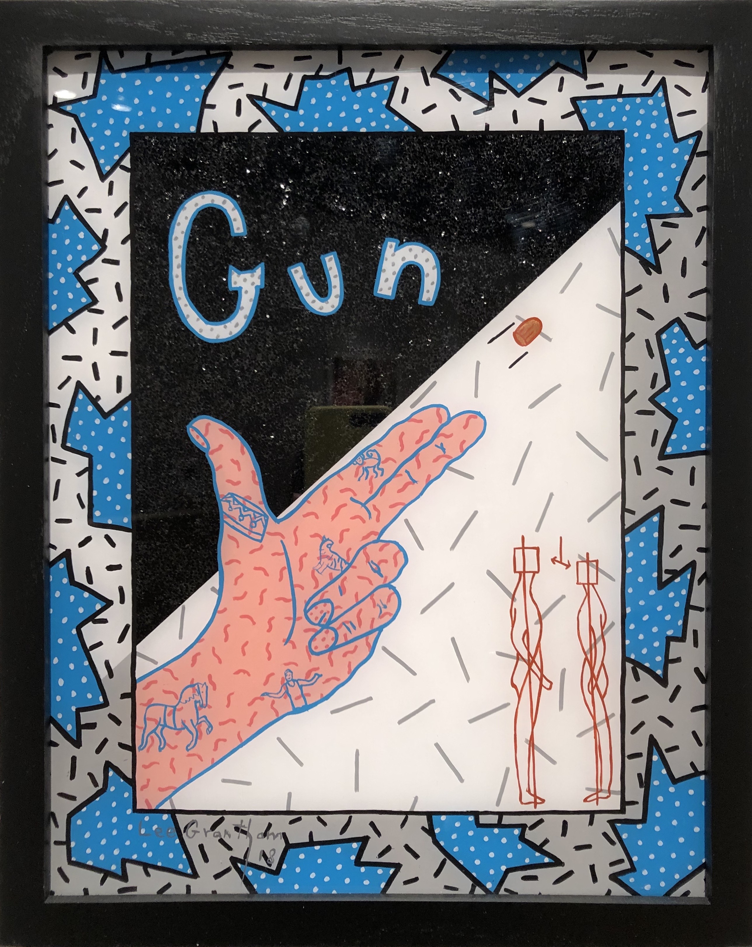 Gun, 2002, acrylic and glitter on plexi, 15 x 12 in